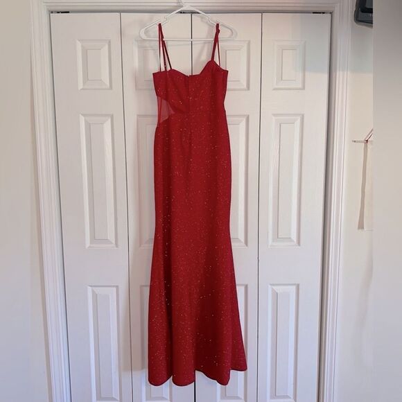 Elegant Red Evening Gown red mesh cutout sparkle prom pageant cruise size 13 - Picture 4 of 6